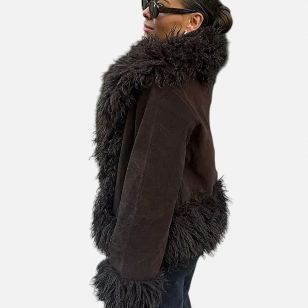 Dame faux fur jakke med bred krave