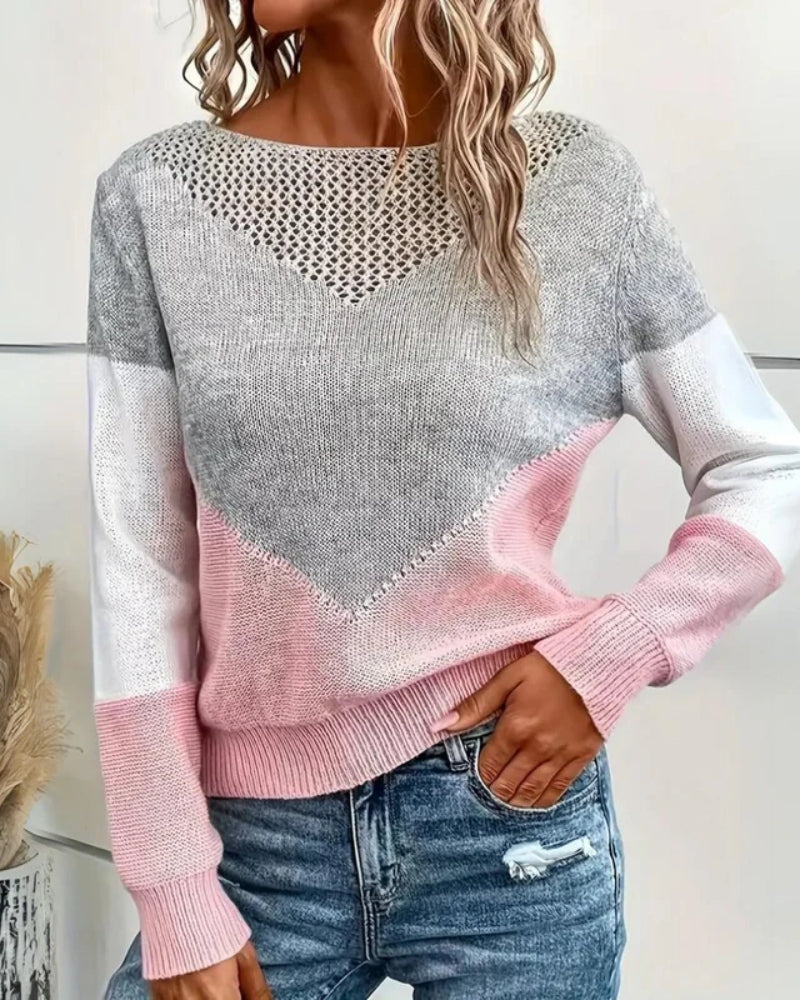 Langærmet dame sweater – Moderne farveblok design