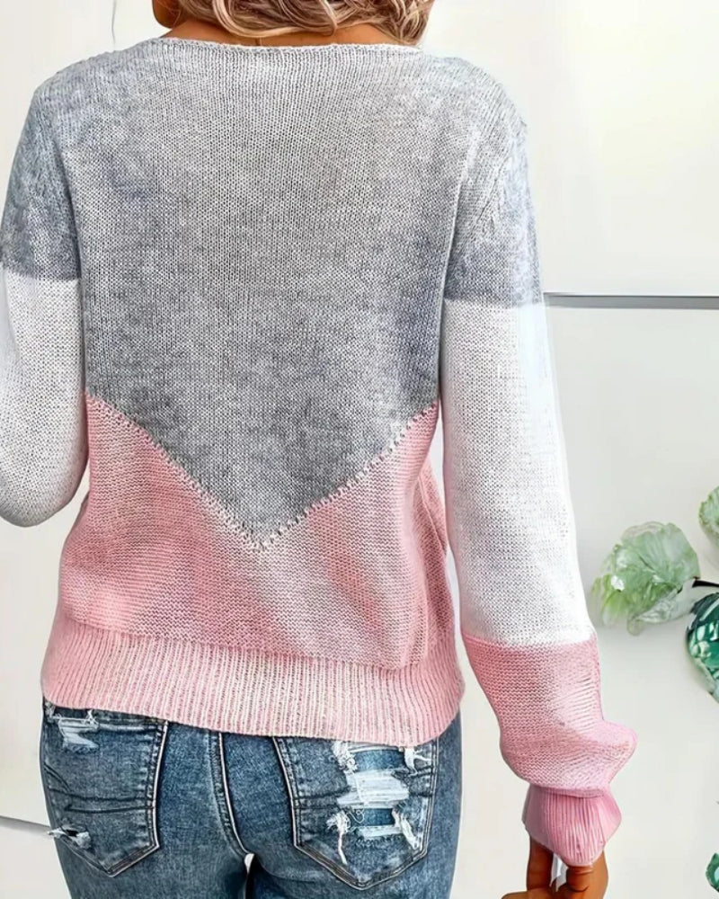 Langærmet dame sweater – Moderne farveblok design