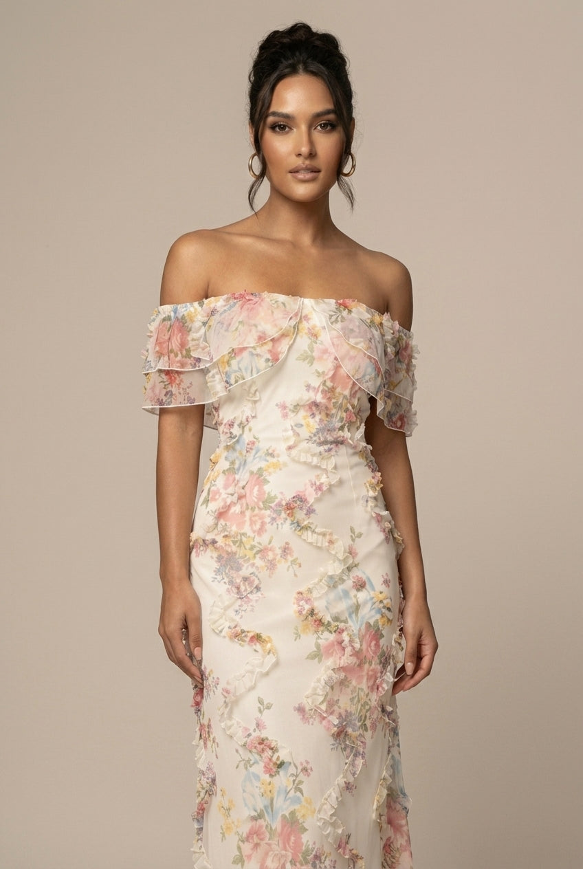 Blommig Maxiklänning för Dam med Off Shoulder-design