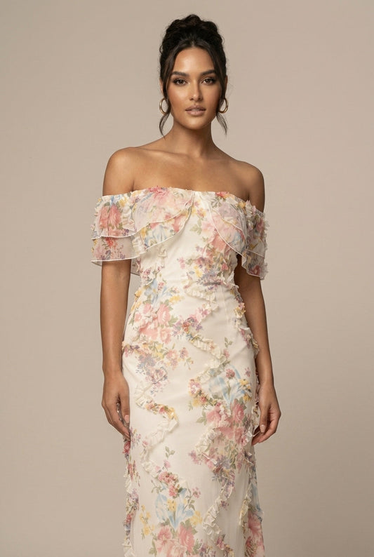 Blommig Maxiklänning för Dam med Off Shoulder-design