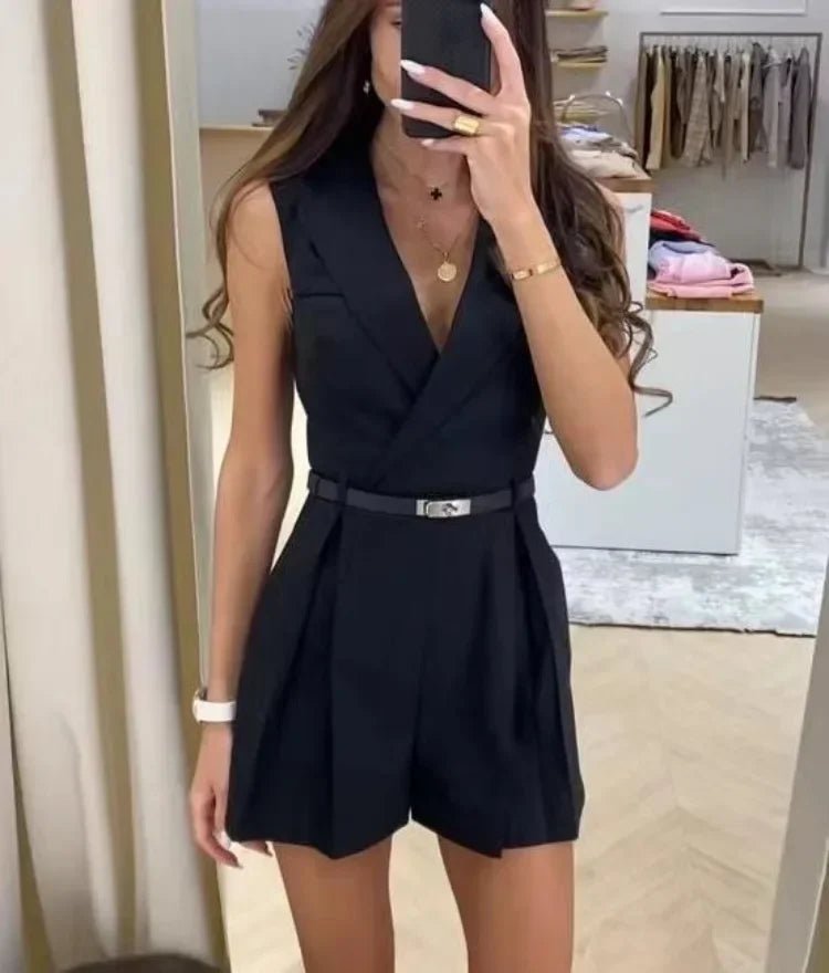 Sofistikeret Jumpsuit med V-Hals og Taljebælte – Uovertruffen Stil