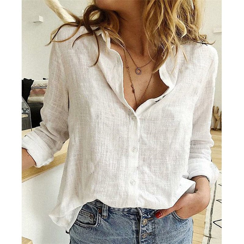 Elegant Bluse med V-Hals og Unikke Knapdetaljer