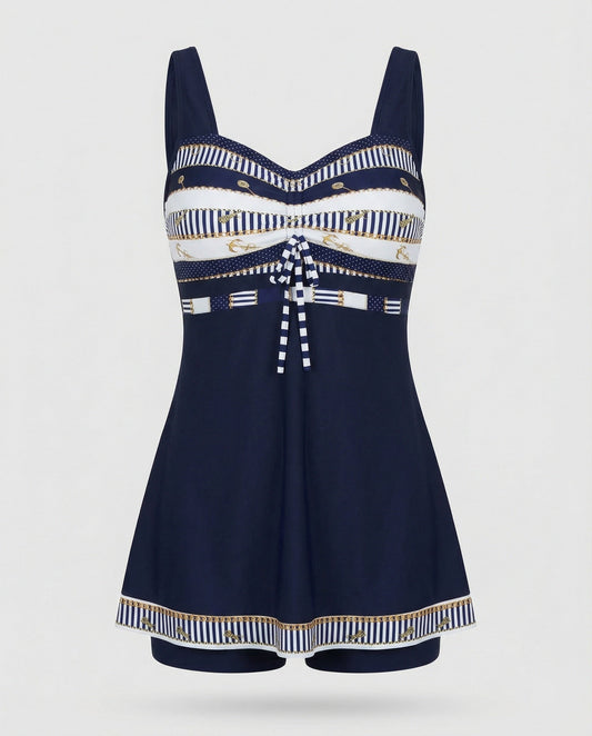 Smal, Blå Patchwork-Tankini – Lätt och Bekväm