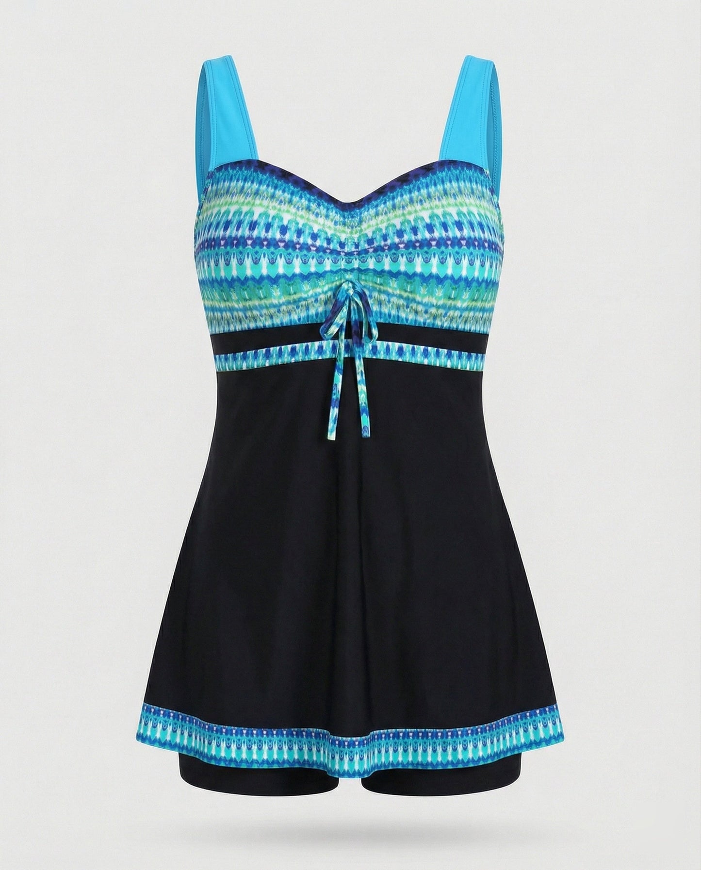 Smal, Blå Patchwork-Tankini – Lätt och Bekväm