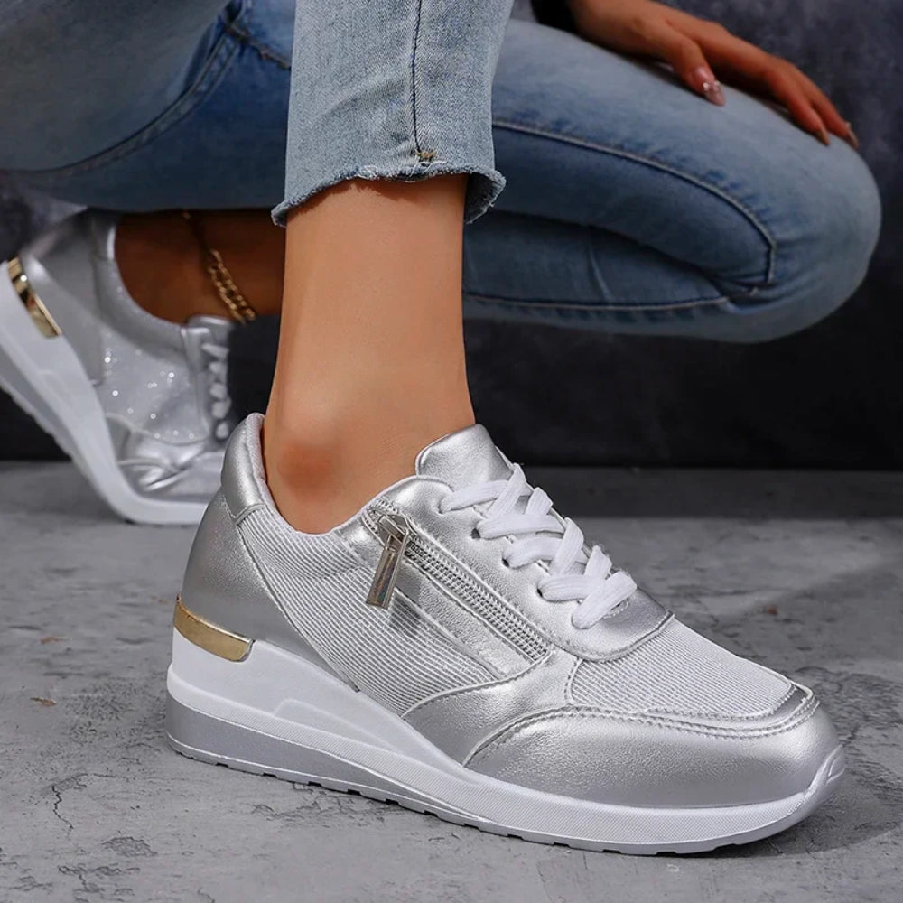Skor i metalliclook för dam – Lättvikt med snörning och dragkedja