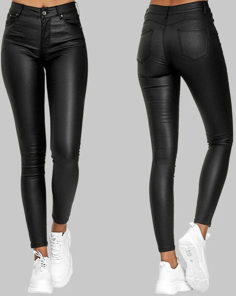 Svarta stretchbyxor i läderlook – Unisex skinny-modell för vardag eller fest