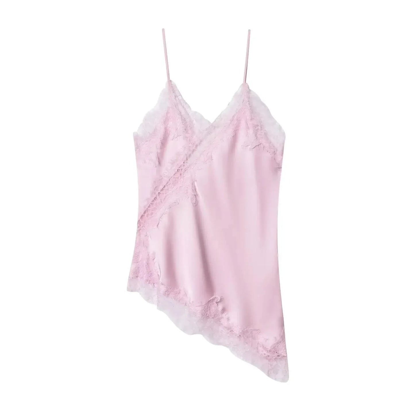 Elegant satin top med blonder og spaghettistropper