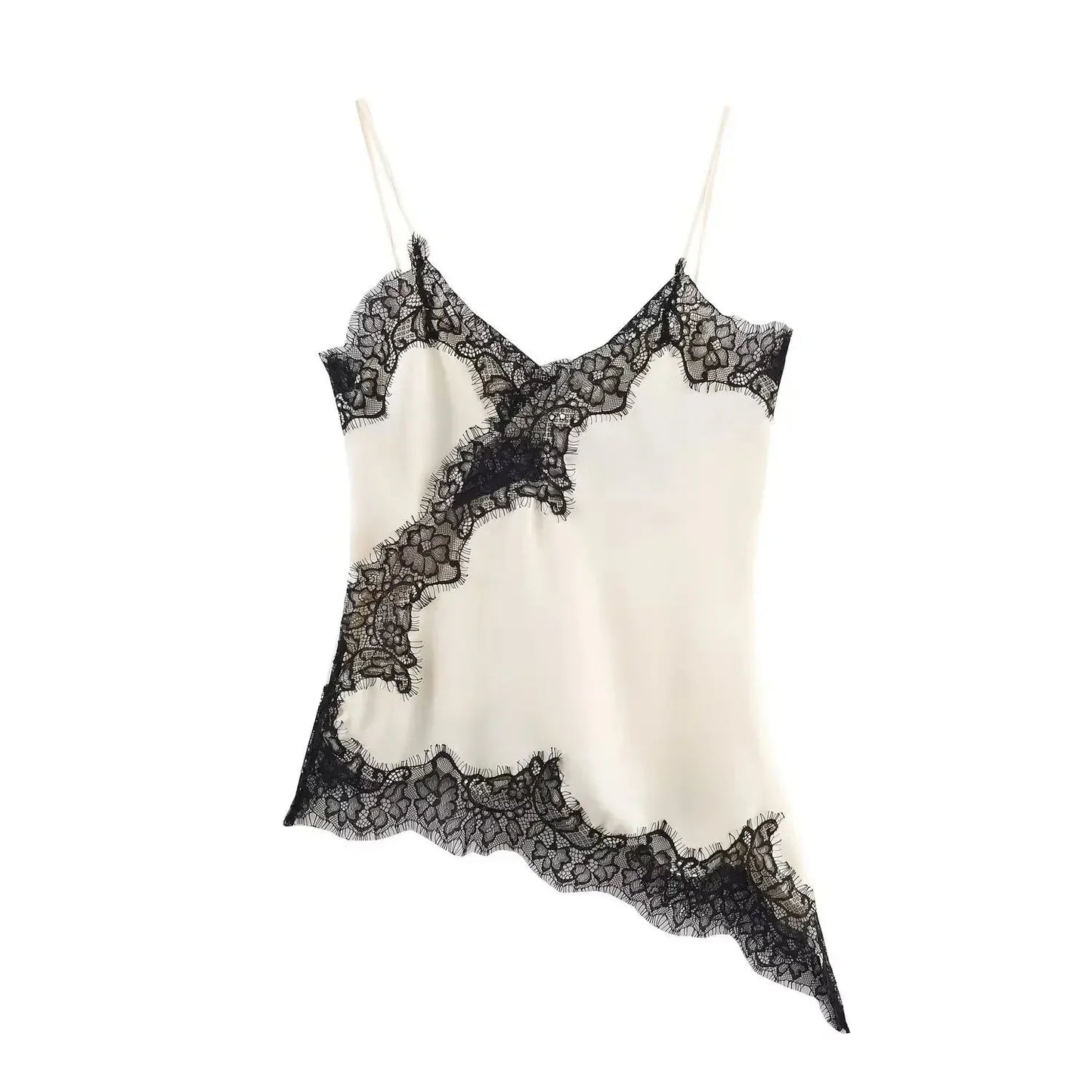 Elegant satin top med blonder og spaghettistropper