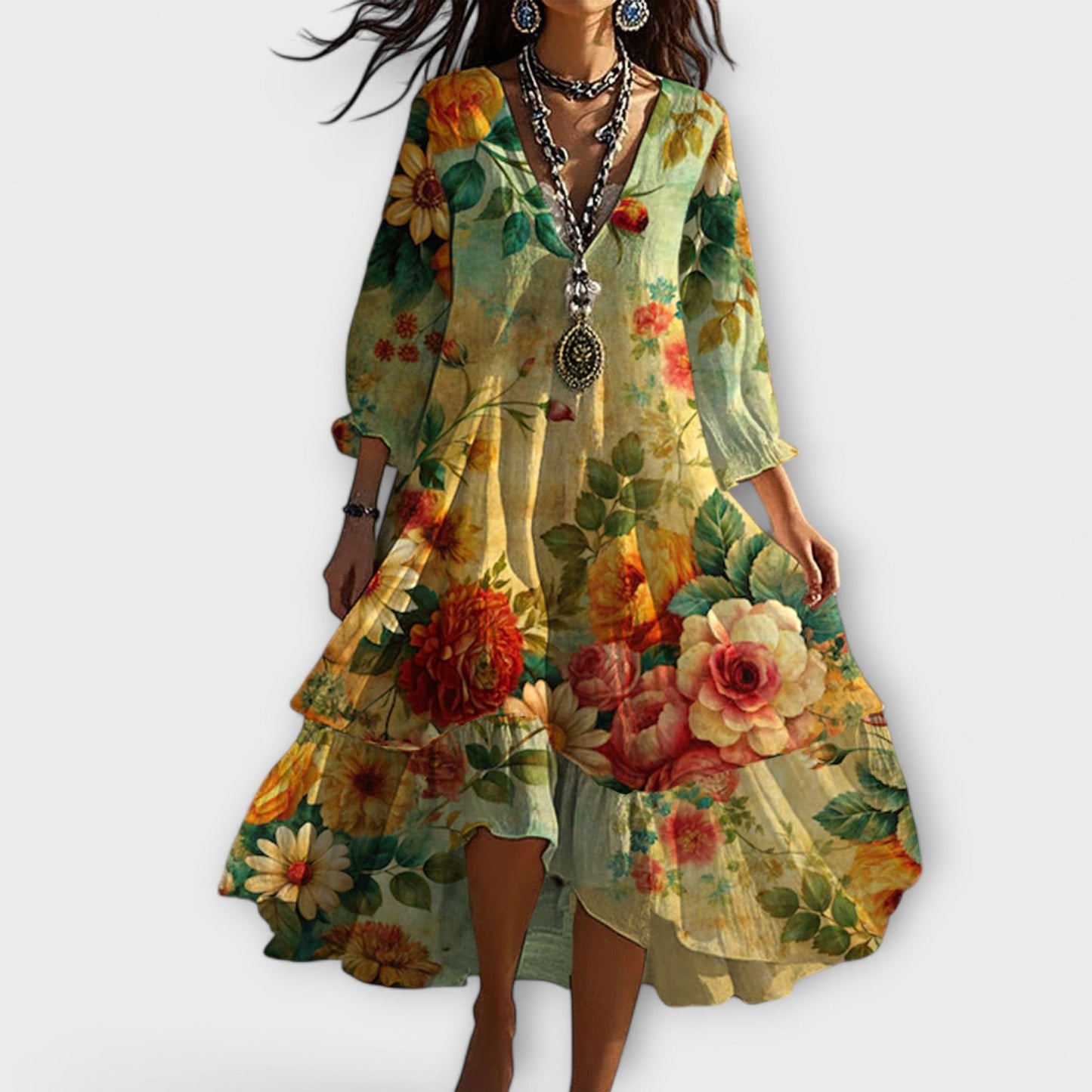 Soleil | Vintage Boho V-ringad Klänning för Kvinnor