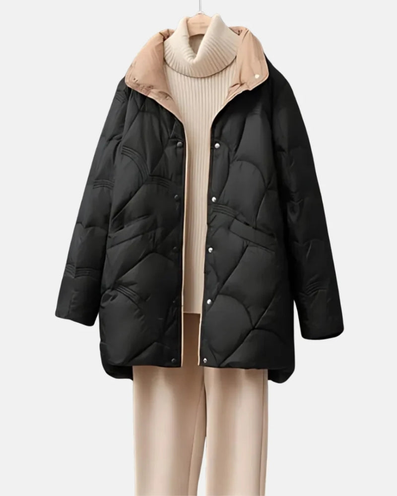 Vendt vinterjakke damer frakke – Kort quiltet frakke med trykknapper
