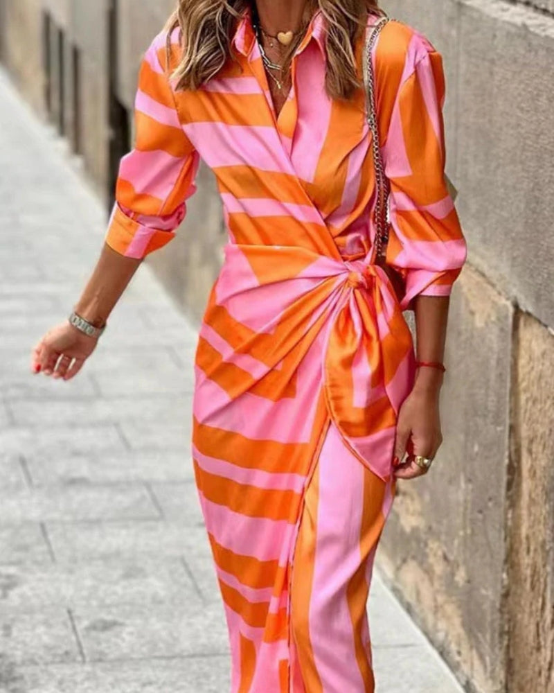 Vikledress til kvinder – Stribedesign med 3/4-ærmer og bælte