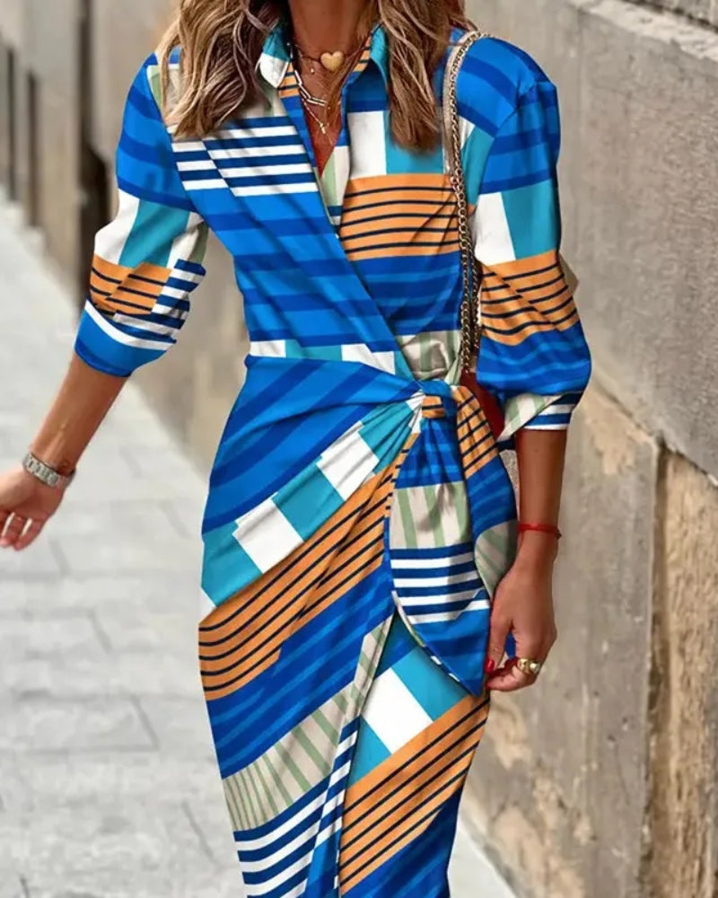 Vikledress til kvinder – Stribedesign med 3/4-ærmer og bælte