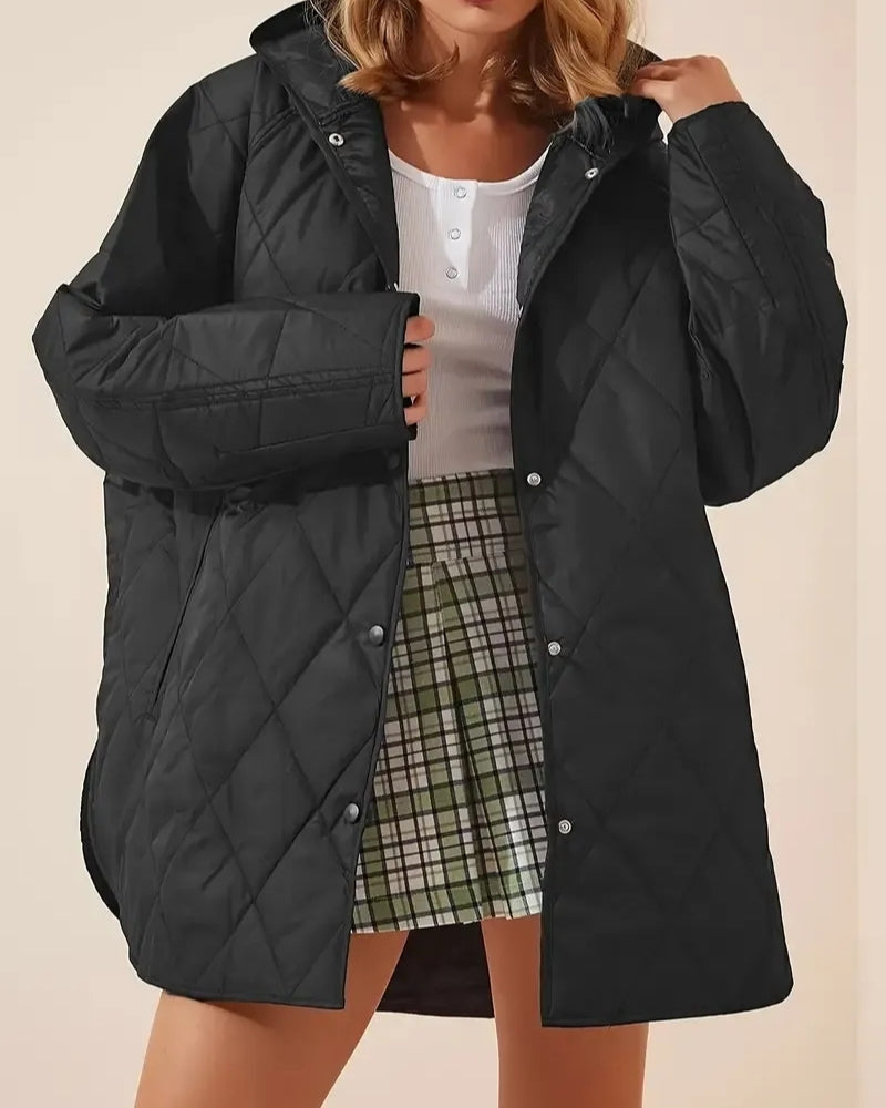 Vinter Pufferjakke Dame – Lang quiltet vinterjakke med hætte og løs pasform