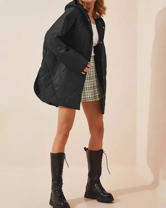 Vinter Pufferjakke Dame – Lang quiltet vinterjakke med hætte og løs pasform