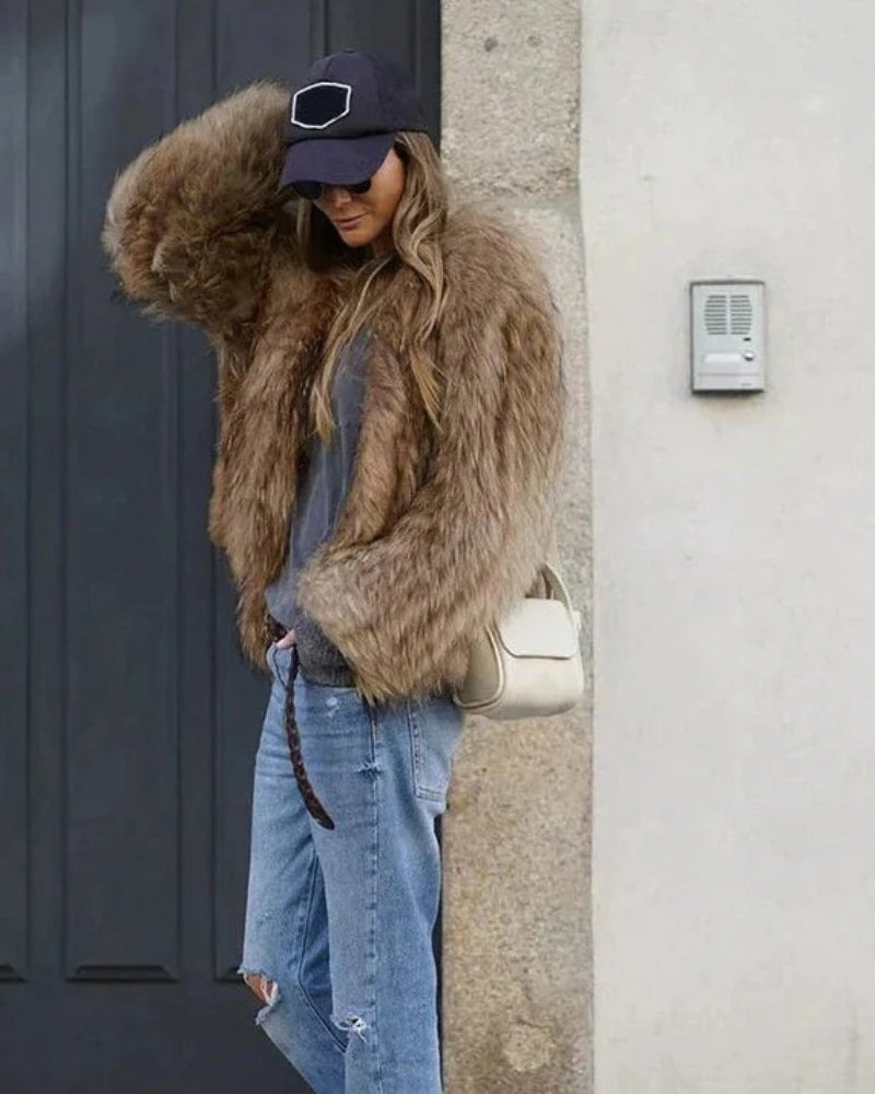 Vinterjakke Dame – kort kunstpelsfrakke med løs pasform