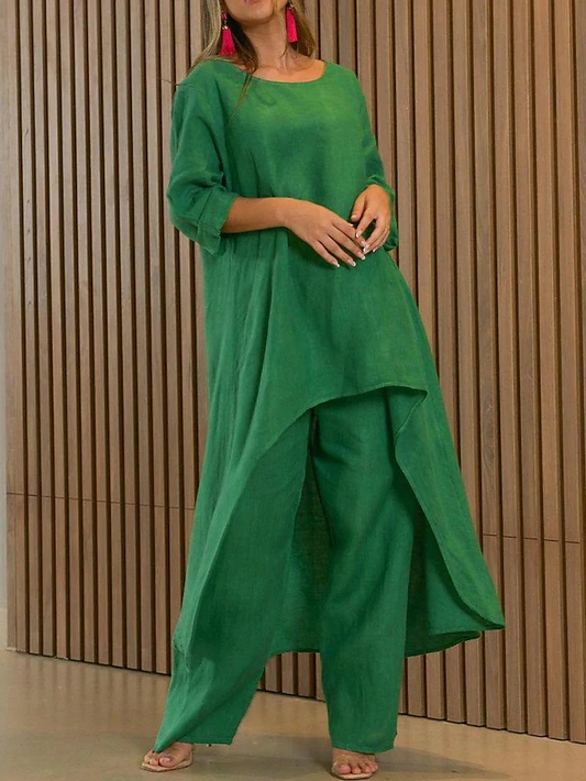 Asymmetrisk stilfuldt sæt med brede bukser – skab dit look