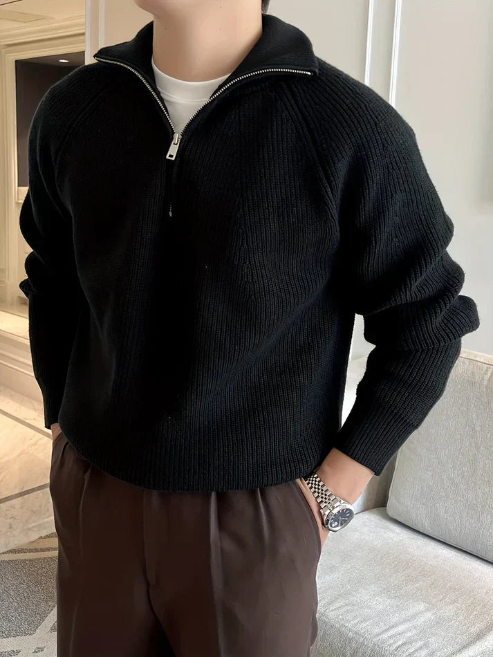 Anders – half-zip strikpullover med høj krave og ribstruktur
